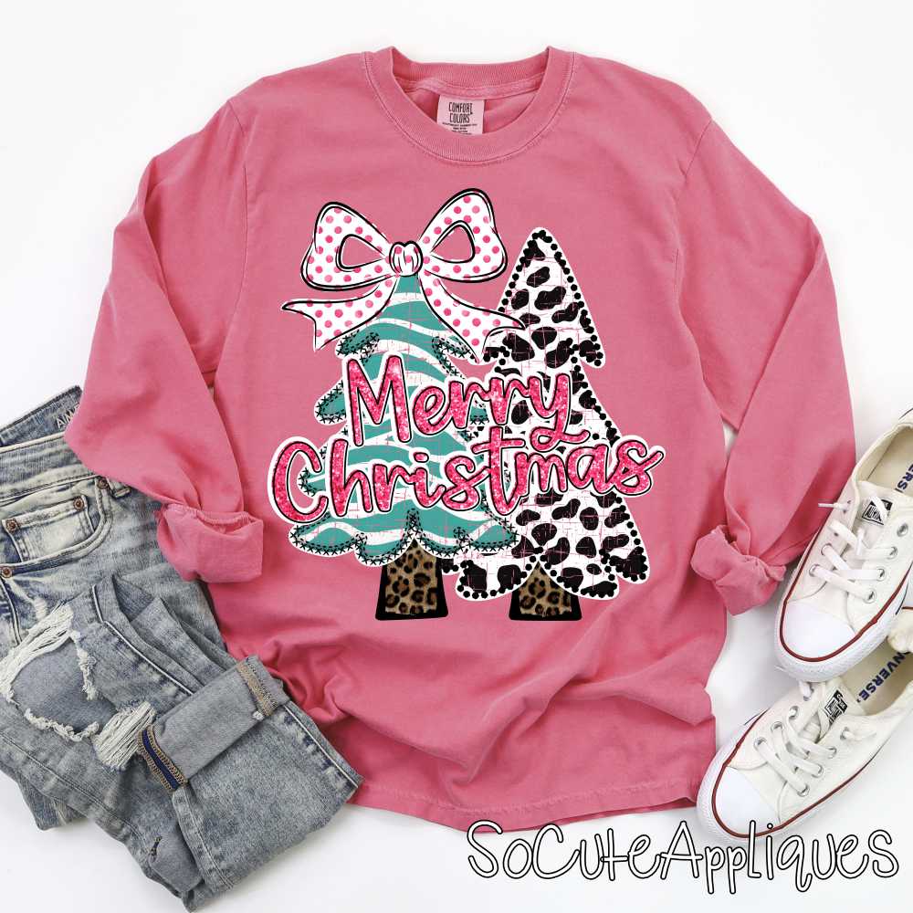 Merry Christmas Tree teal stripes pink bow *DTF* Transfer*