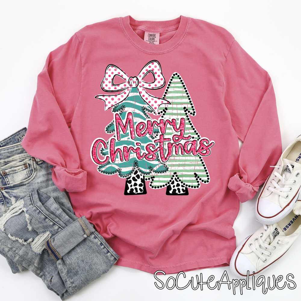 Merry Christmas Tree teal stripes pink bow *DTF* Transfer*