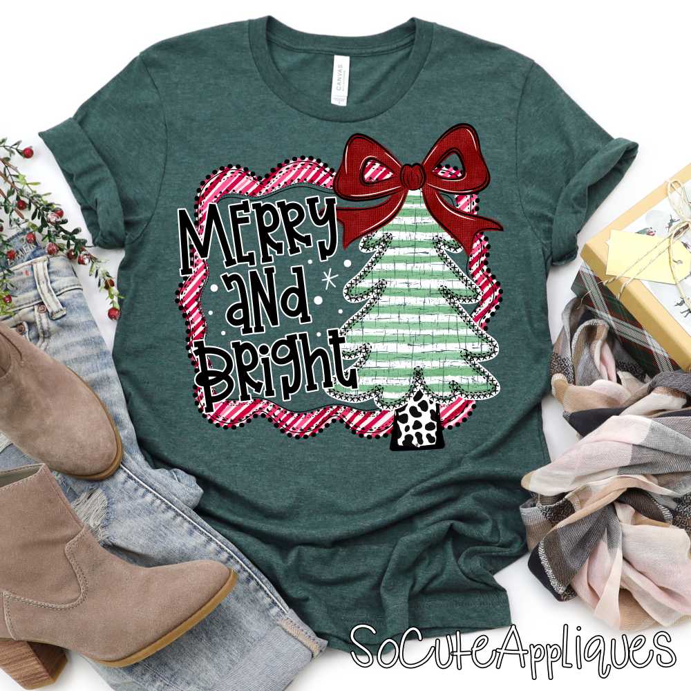 merry and bright green stripe tree *DTF* Transfer*