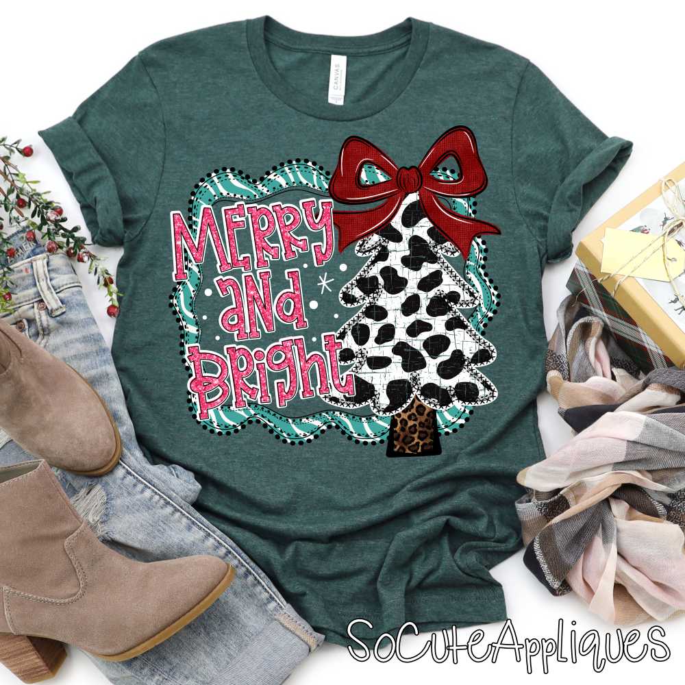 merry and bright teal stripe cow print *DTF* Transfer*