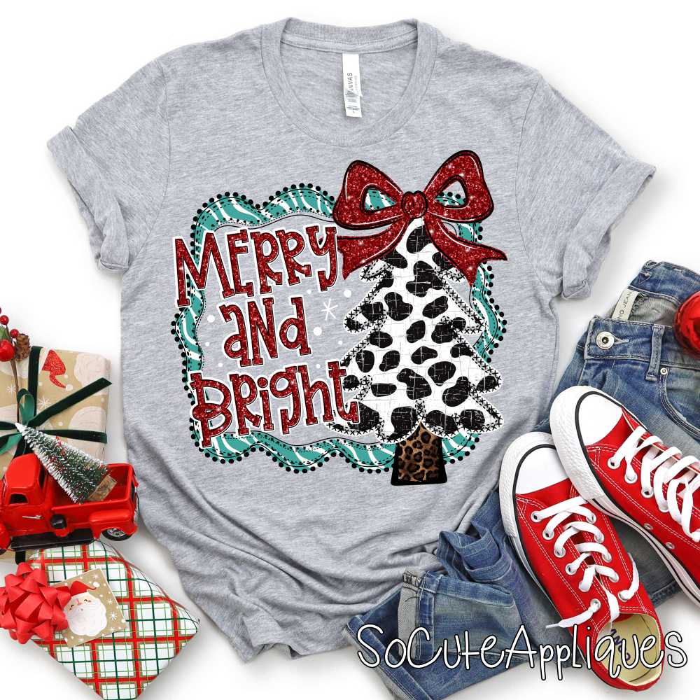 merry and bright teal stripe cow print *DTF* Transfer*