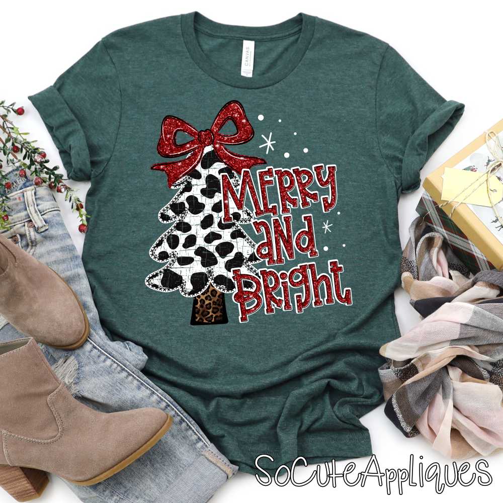 merry and bright cow print red *DTF* Transfer*