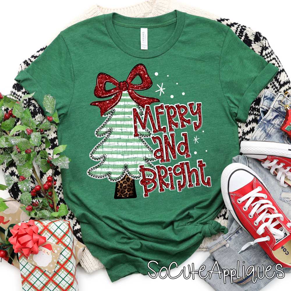 merry and bright green stripe red *DTF* Transfer*