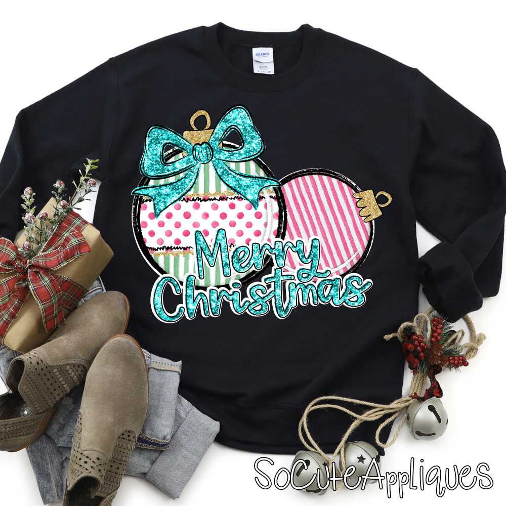 Merry Christmas ornament duo teal green pink *DTF* Transfer*