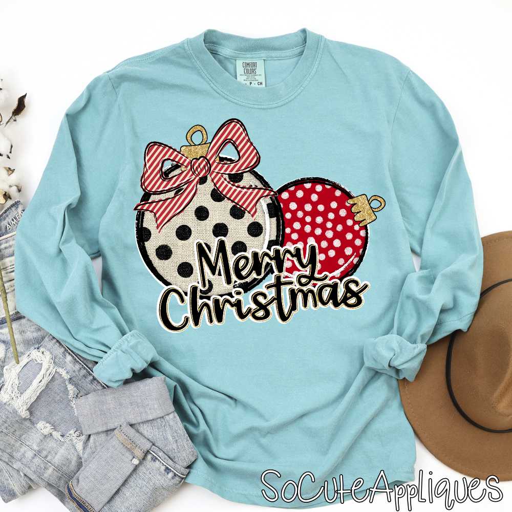 Merry Christmas ornament duo linen dot red *DTF* Transfer*