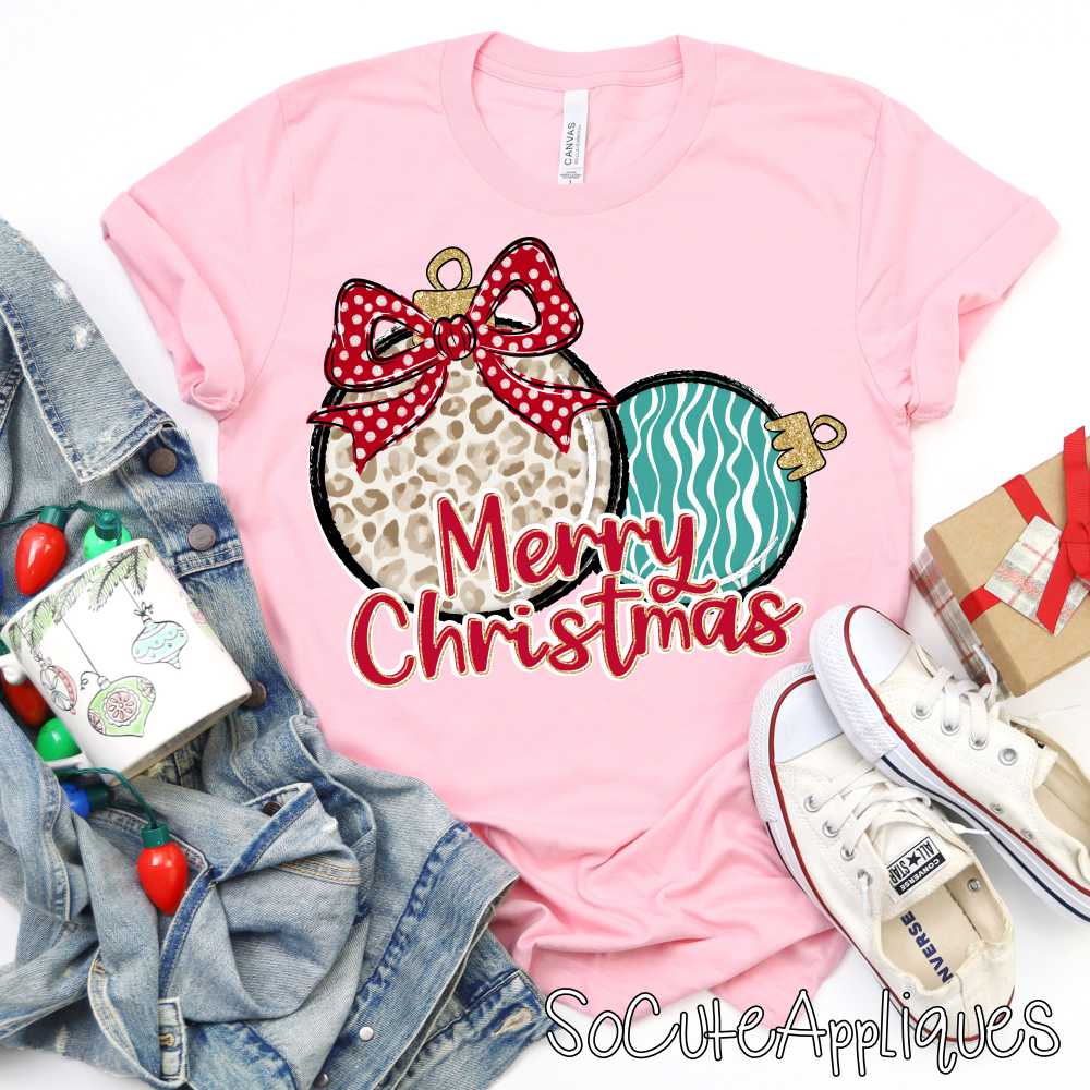 Merry Christmas ornament duo leopard teal stripe *DTF* Transfer*
