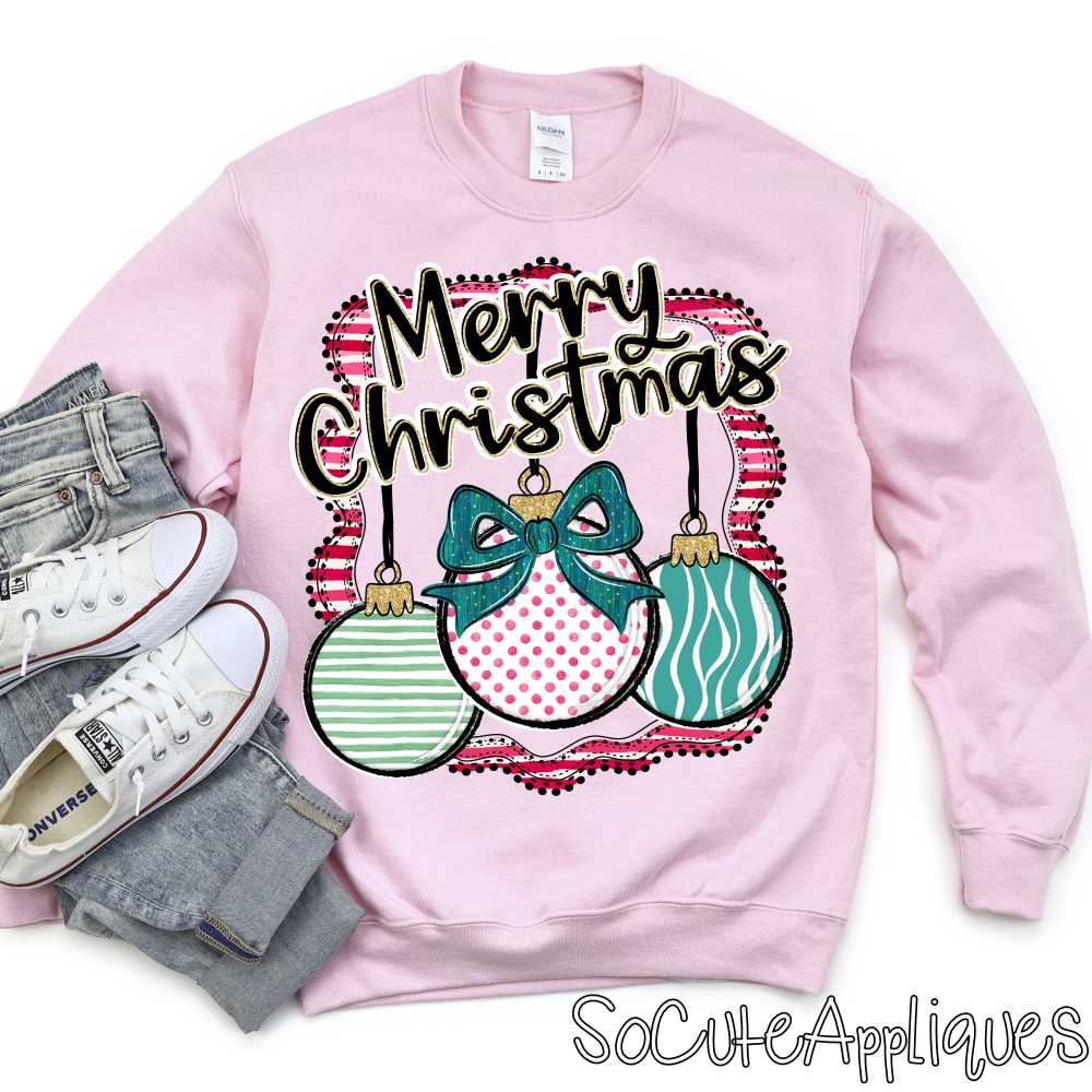 Merry Christmas pink stripe frame ornament trio *DTF* Transfer*