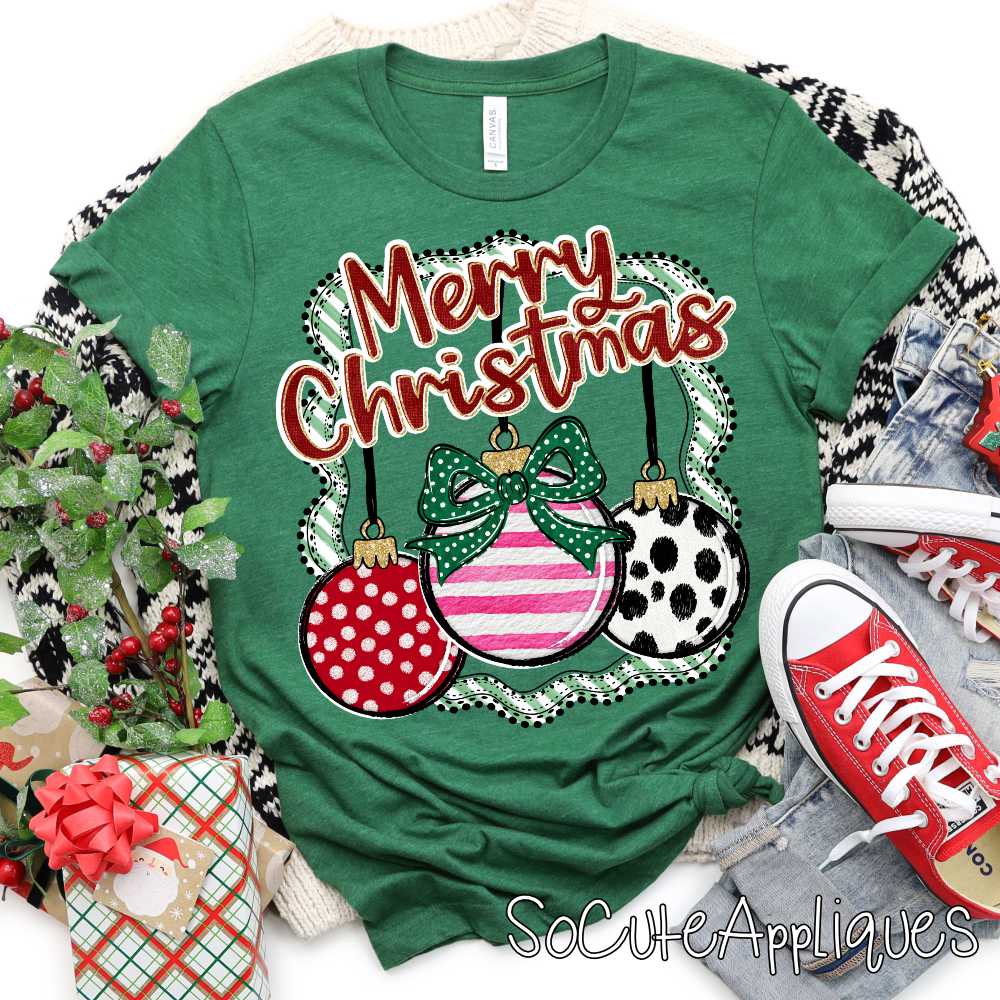 Merry Christmas greens tripe frame ornament trio *DTF* Transfer*