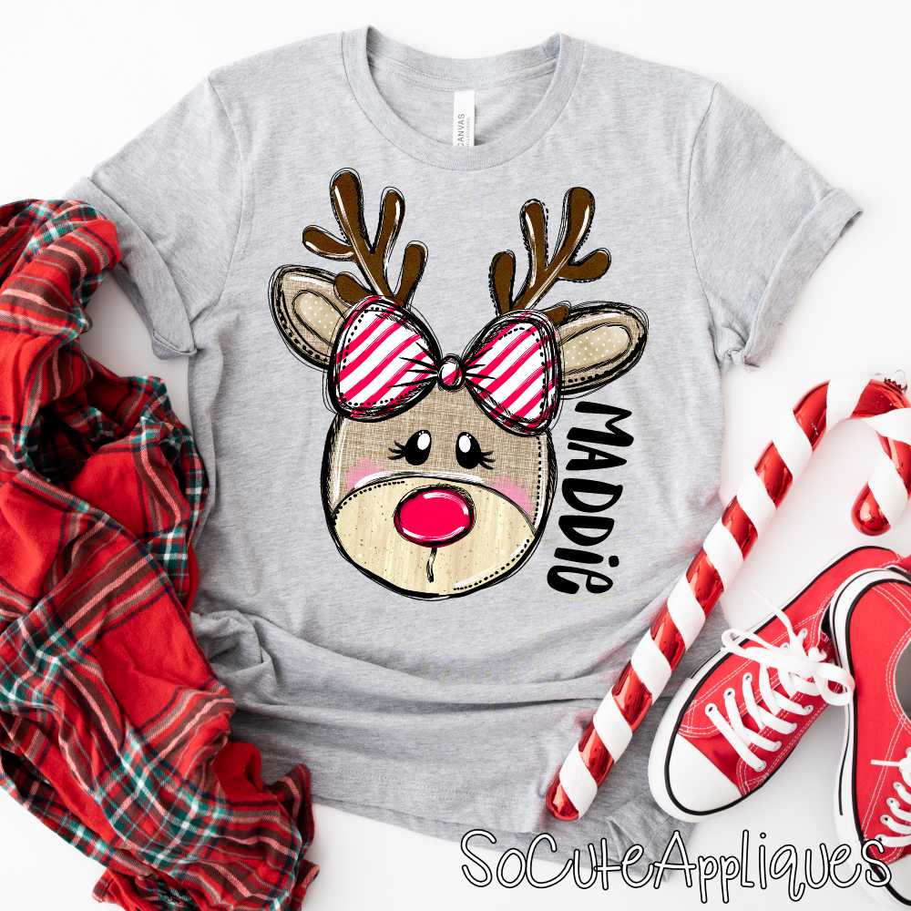 Reindeer red srtripe bow GIRL *DTF Transfer*