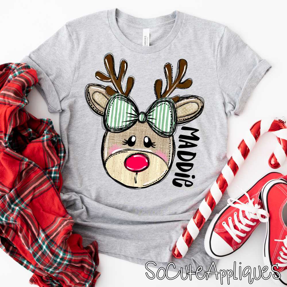 Reindeer green srtripe bow GIRL *DTF Transfer*