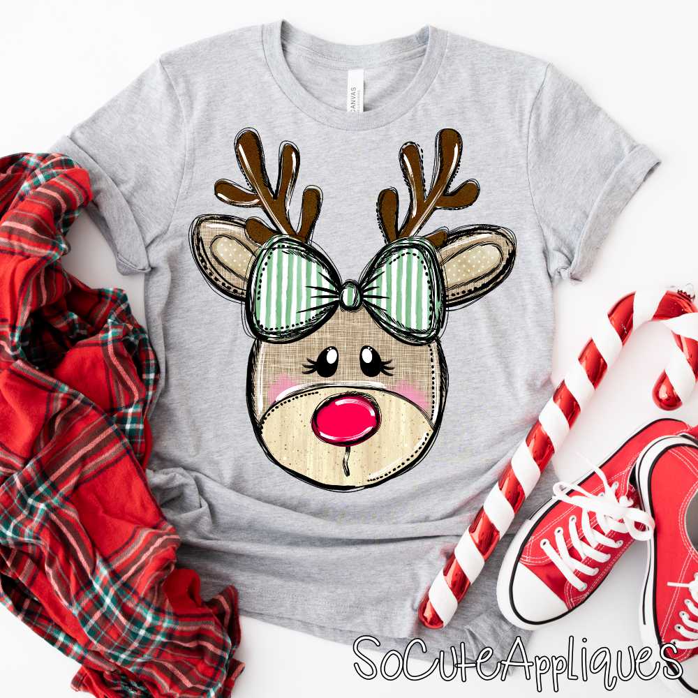 Reindeer green srtripe bow GIRL *DTF Transfer* - Image 2
