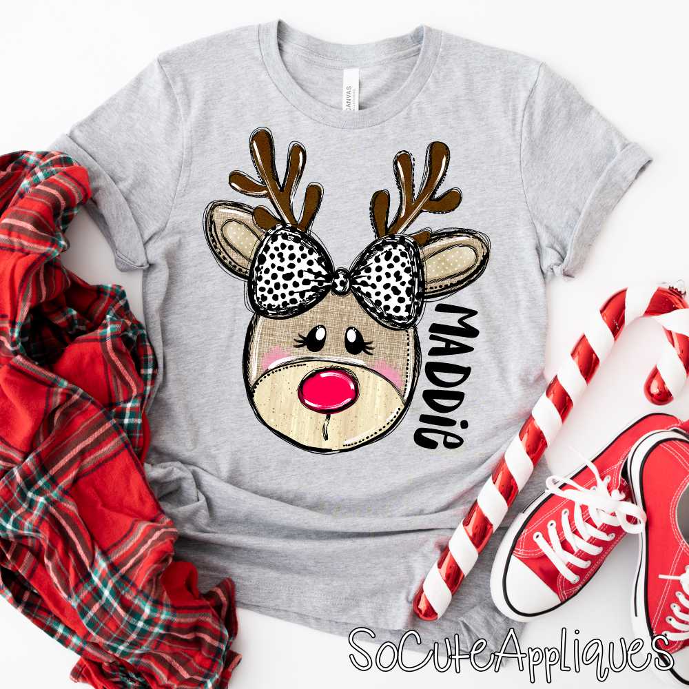 Reindeer dalmatian dot bow GIRL *DTF Transfer*