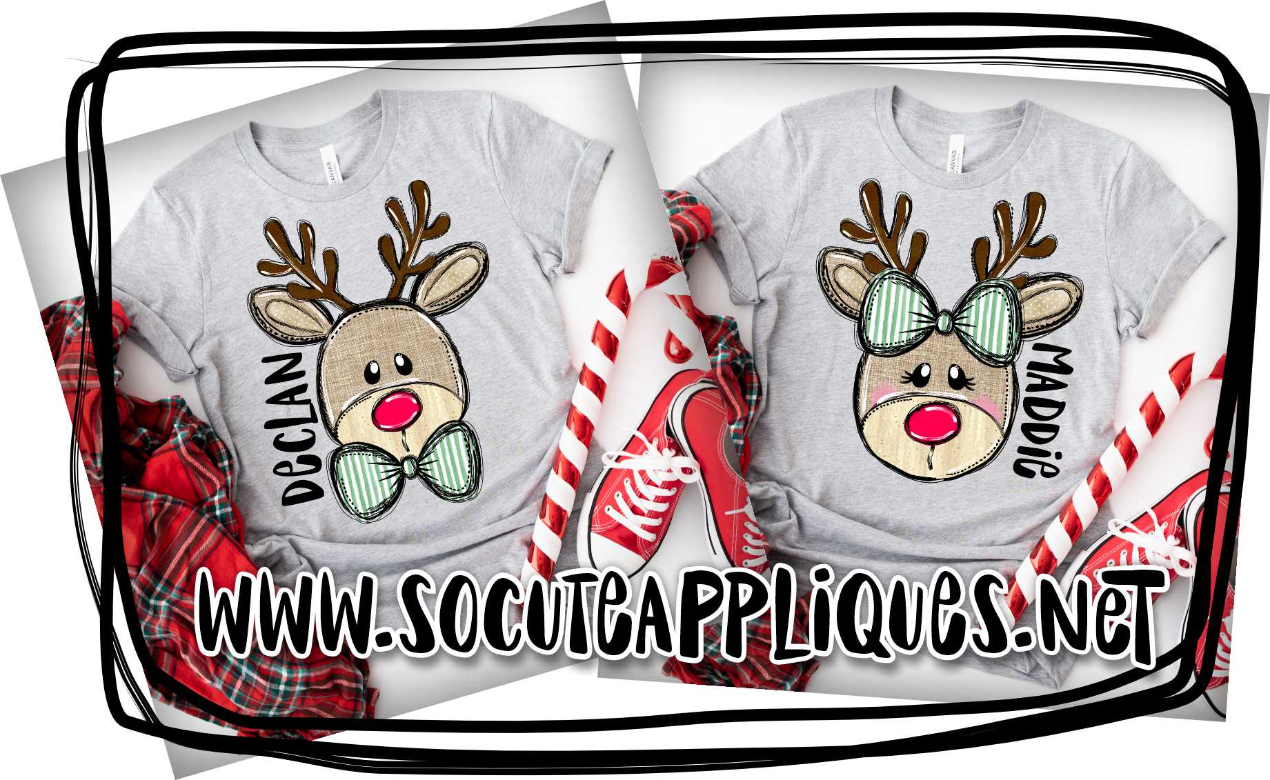 Reindeer green stripe bowtie BOY *DTF Transfer* - Image 3
