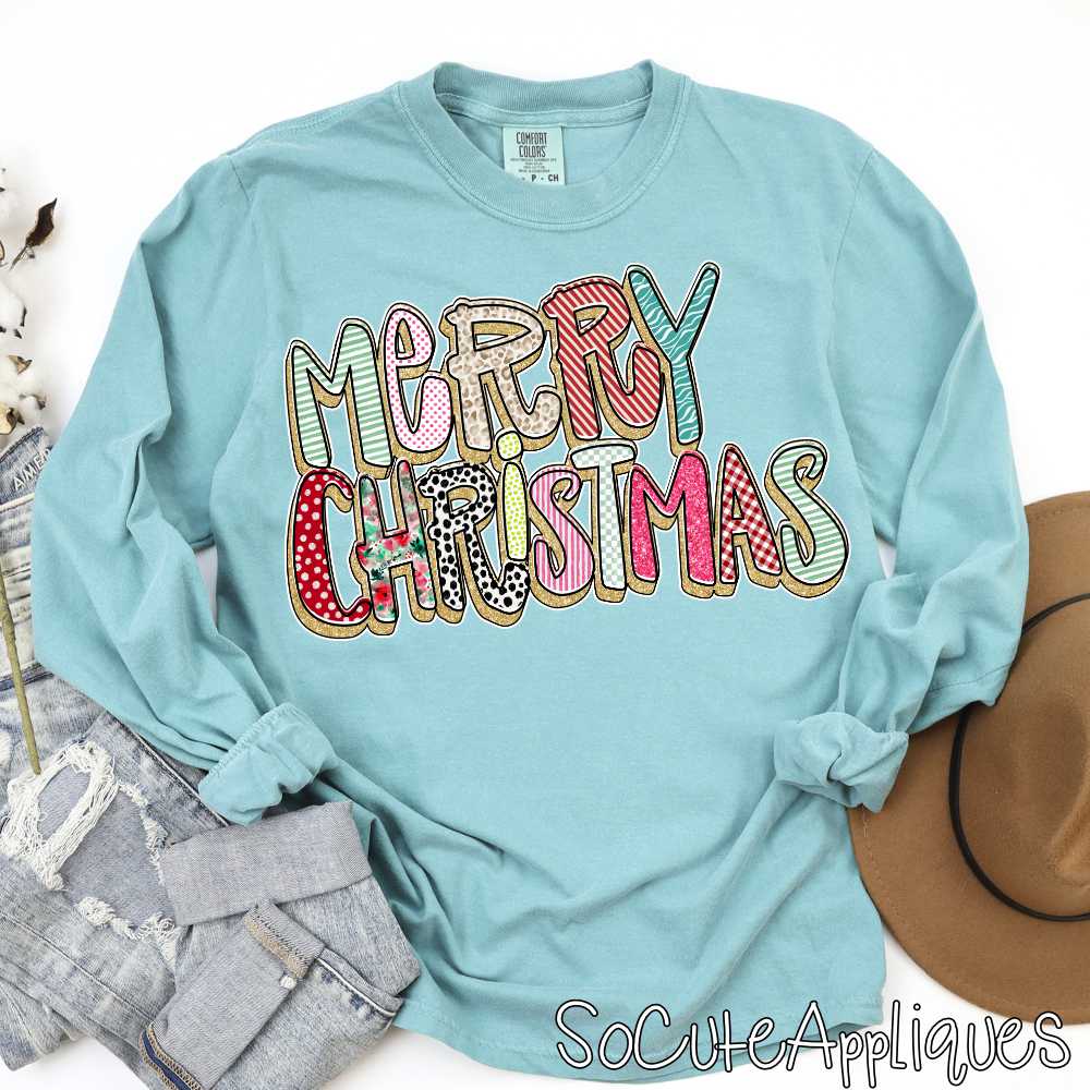 Merry Christmas mixed print on gold *DTF Transfer*