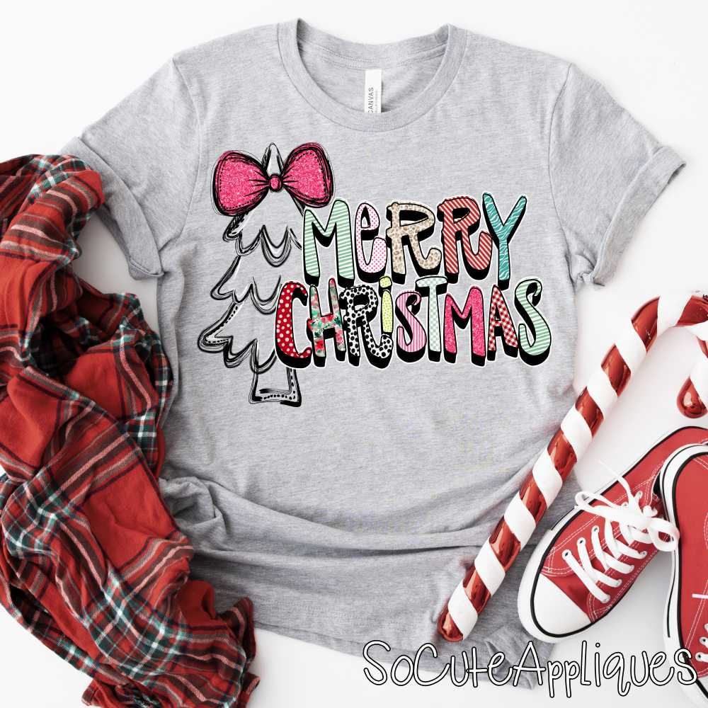Merry Christmas mixed print tree pink bow *DTF Transfer*
