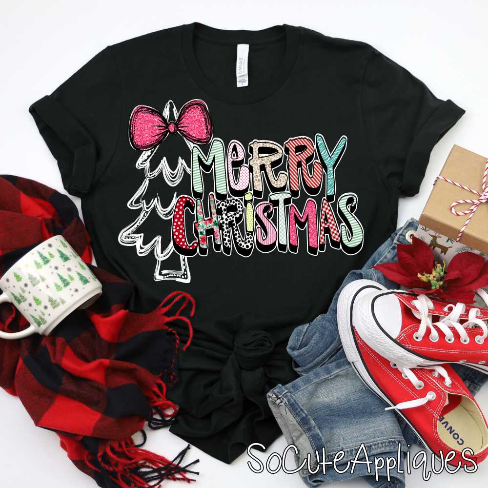 Merry Christmas mixed print tree pink bow white *DTF Transfer*