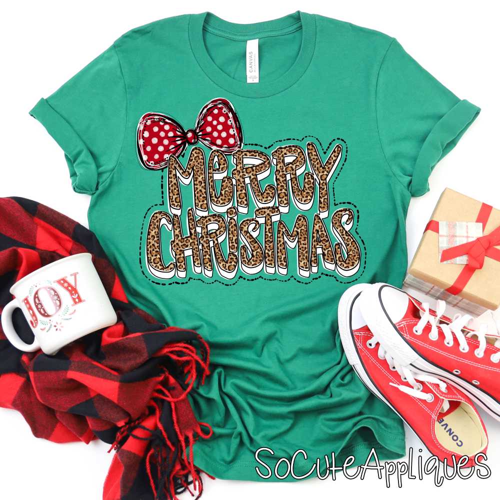 Merry Christmas leopard print red bow *DTF Transfer*