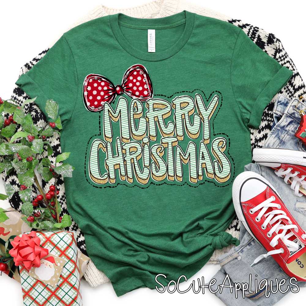 Merry Christmas green stripe red bow *DTF Transfer*