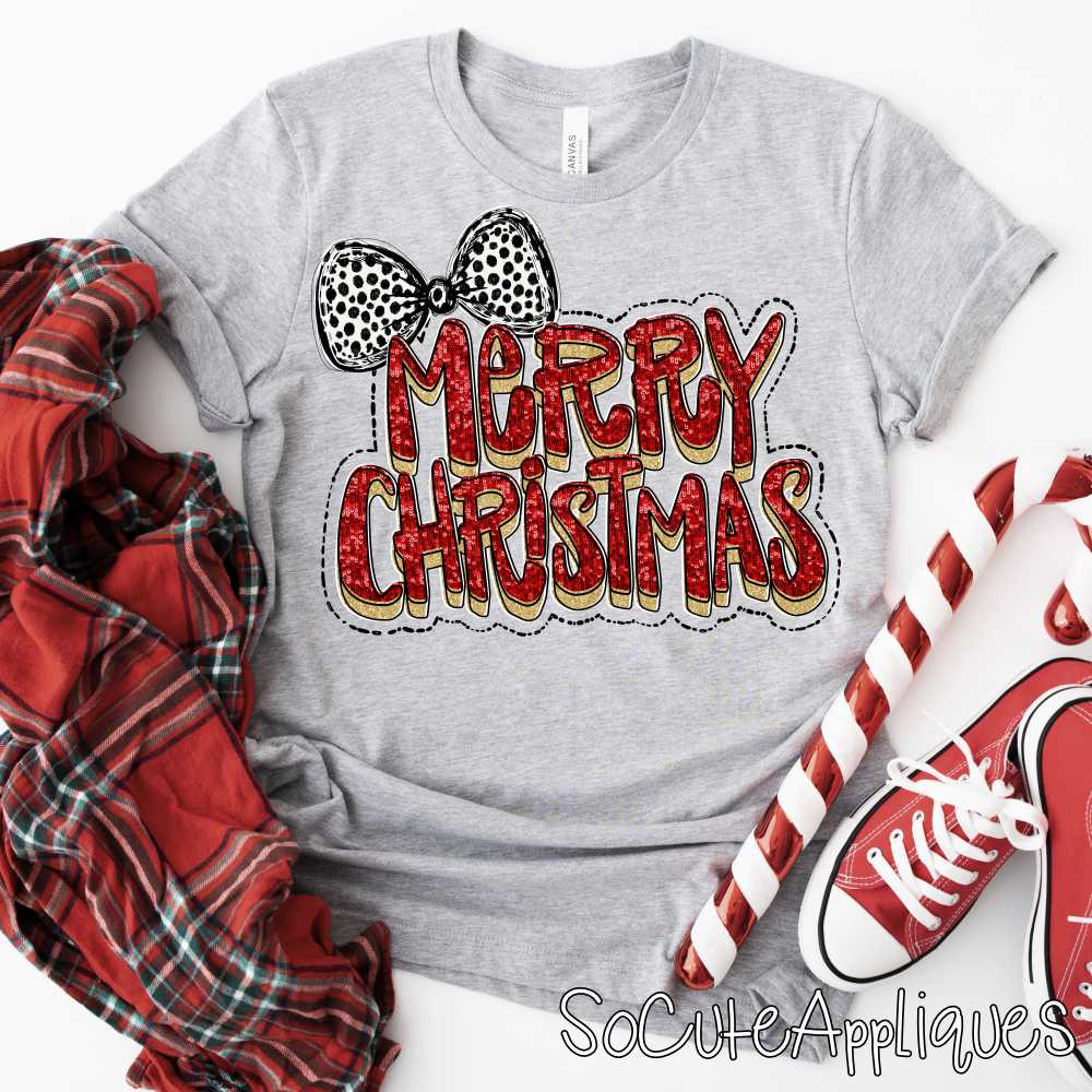 Merry Christmas red sequin gold glitter black dot bow *DTF Transfer*