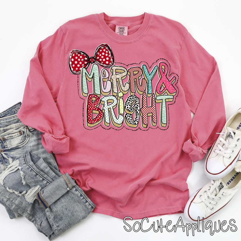 Merry and Bright mixed print gold glitter red bow *DTF Transfer*