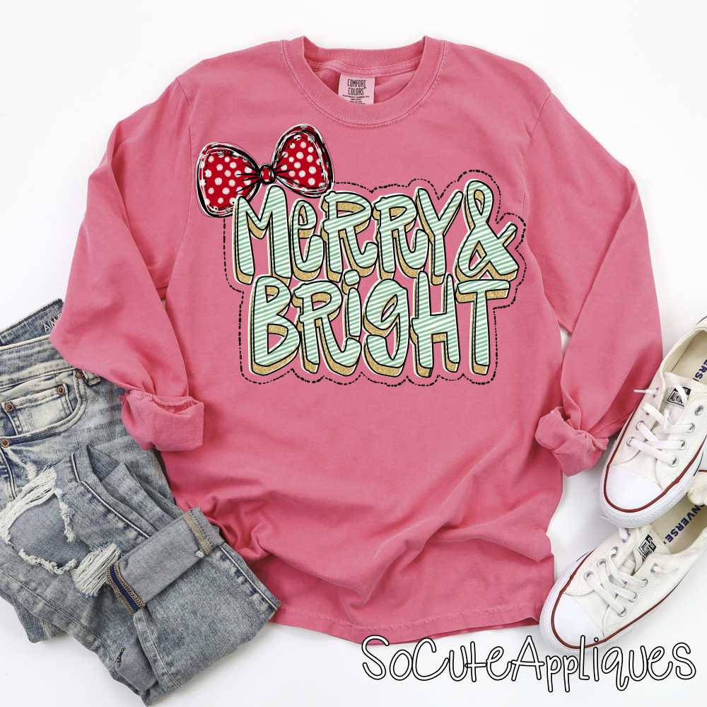 Merry and Bright green stripe gold glitter red bow *DTF Transfer*