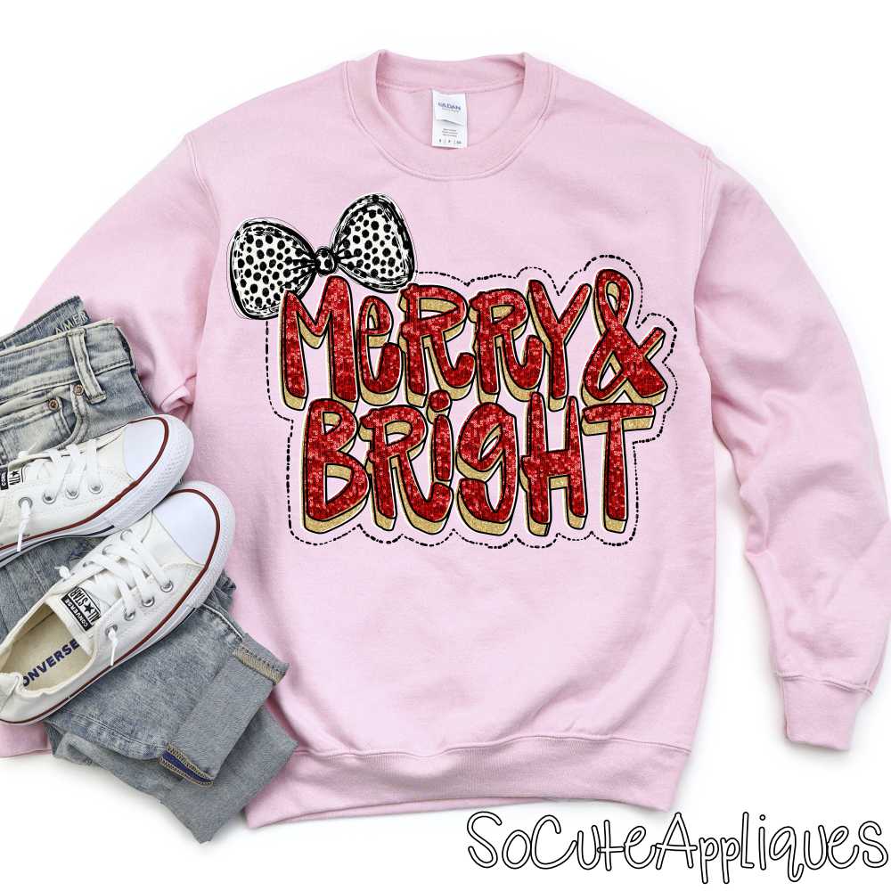 Merry and Bright red sequin gold glitter dot bow *DTF Transfer*