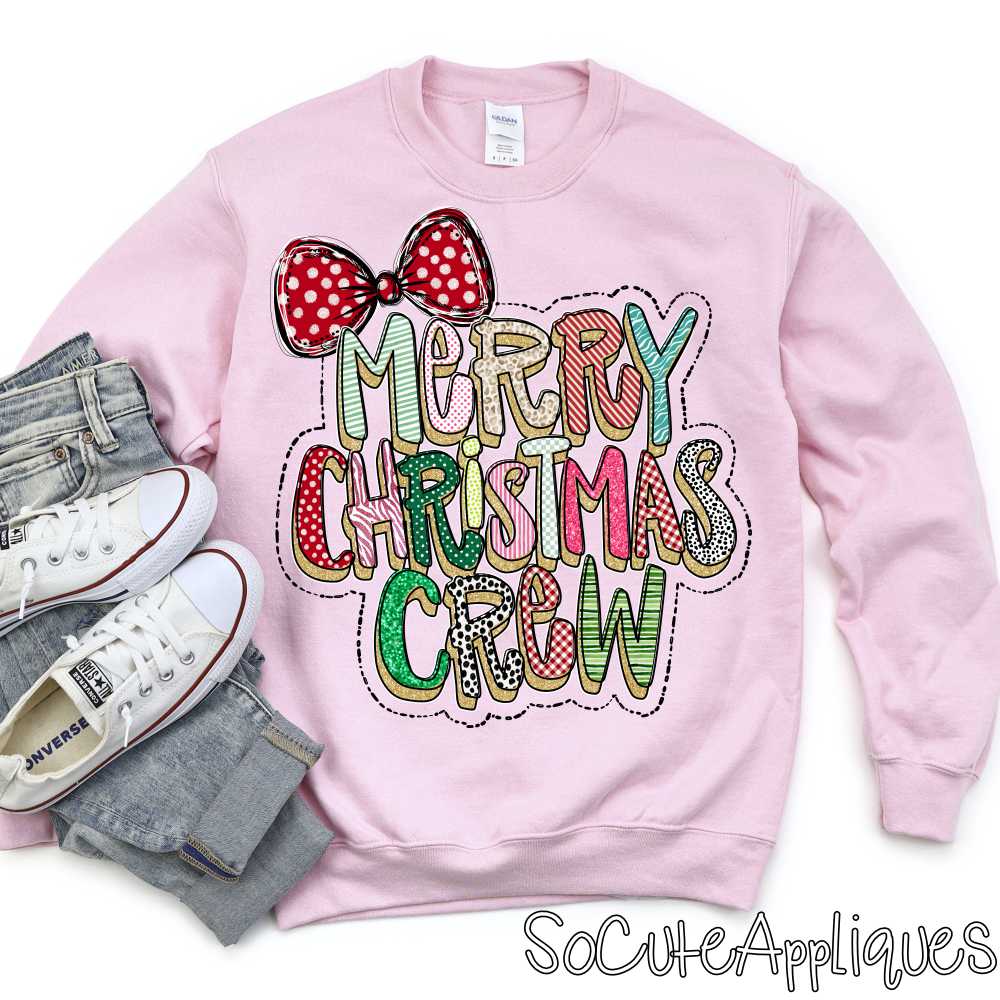 Merry Christmas crew mixed print outlined red bow gold glitter *DTF Transfer*