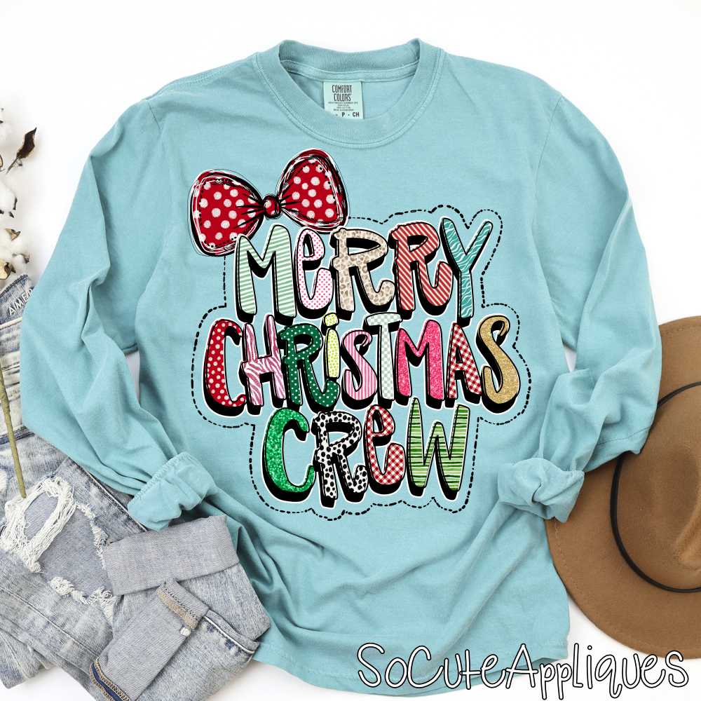 Merry Christmas crew mixed print outlined red bow *DTF Transfer*