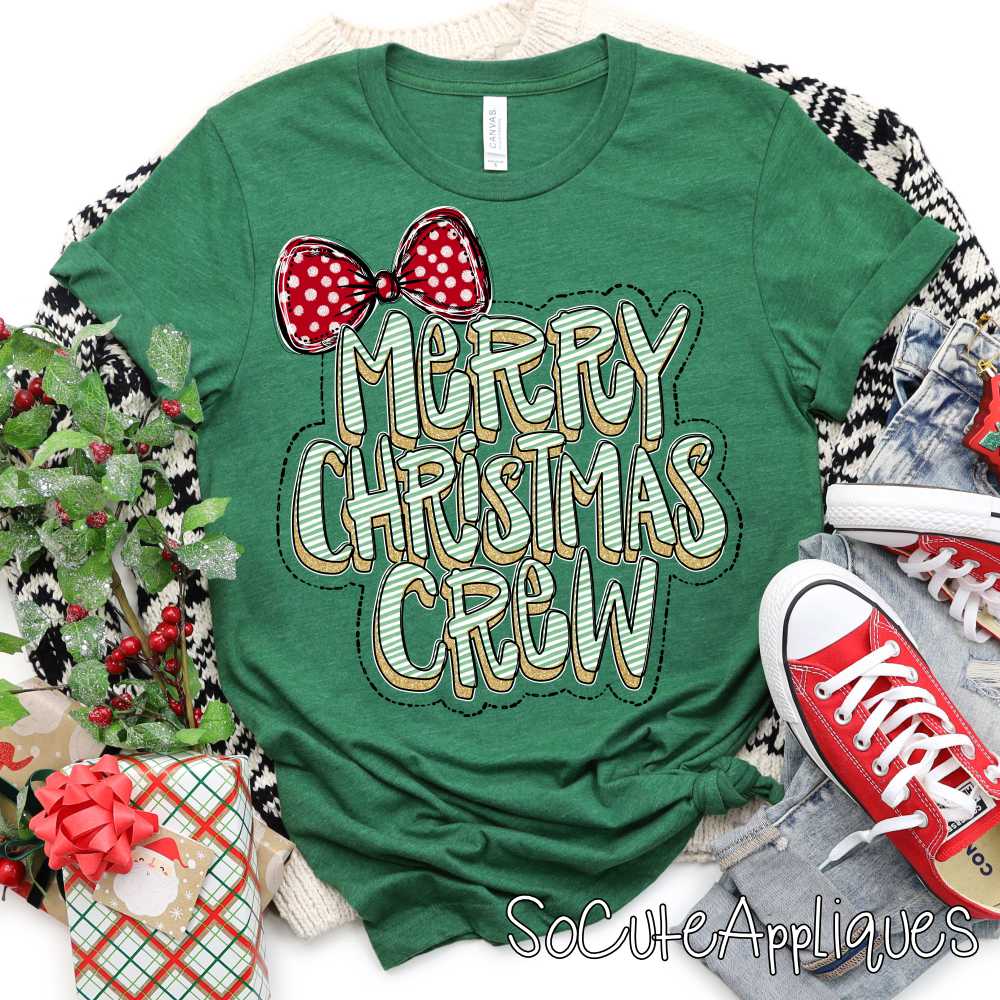 Merry Christmas crew green stripe red bow *DTF Transfer*