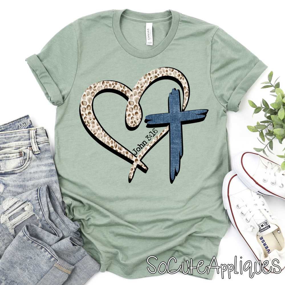 Leopard heart with denim cross *DTF* Transfer