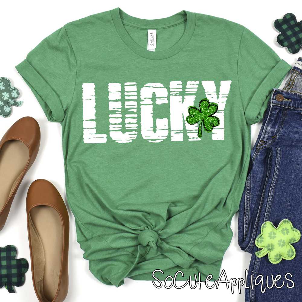 LUCKY distresed with green glitter clover  *DTF* Tranfer