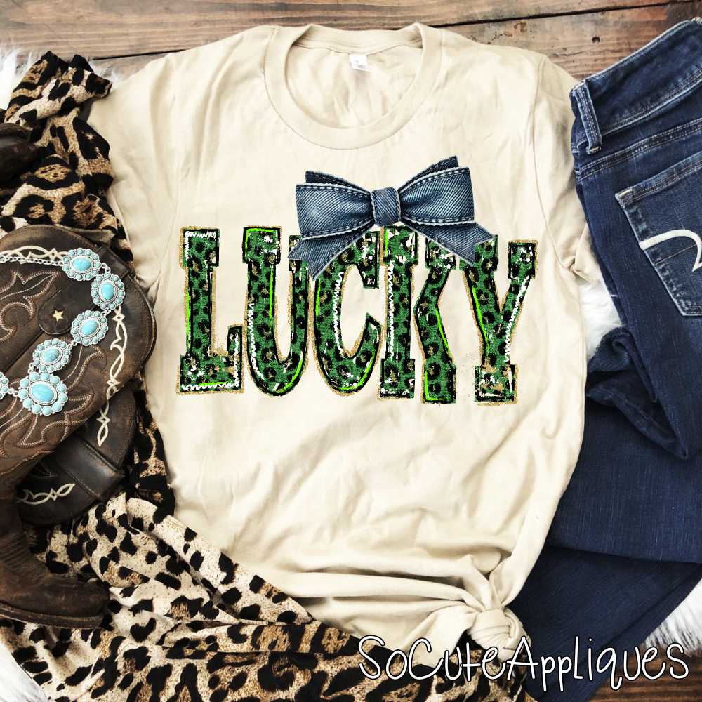 LUCKY distresed gold green leopard denim bow  *DTF* Tranfer