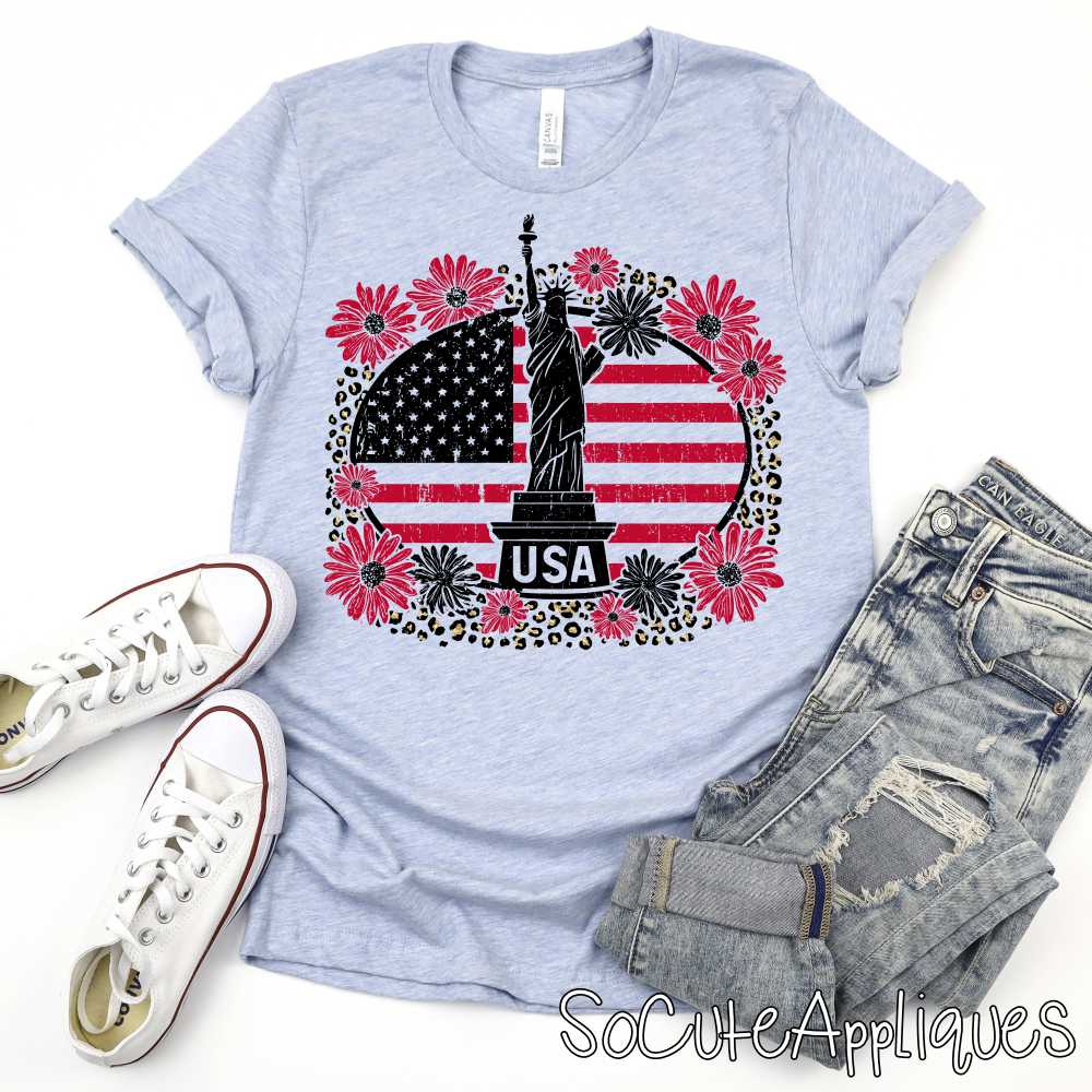 Statue of liberty USA on flower and leopard *DTF* Transfer
