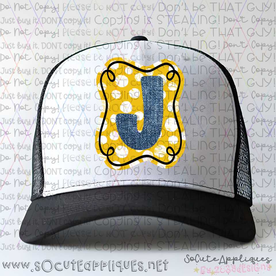 Denim Initial on polka dot frame *HAT PATCH* You pick letter & color