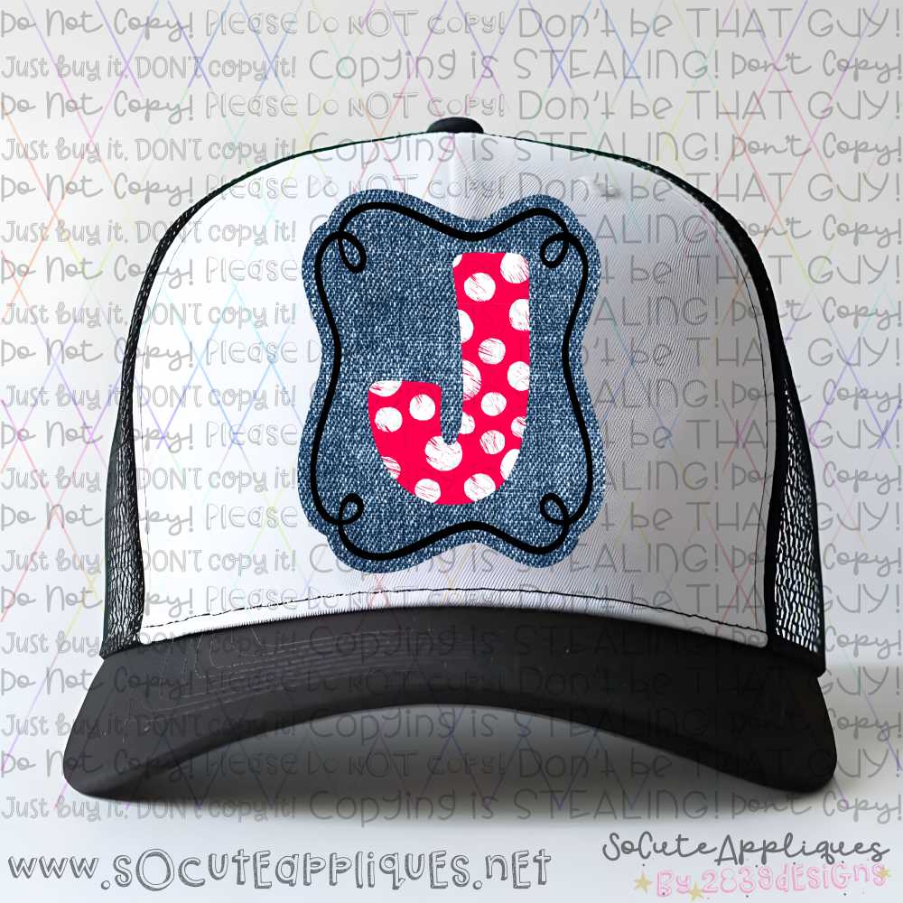 Polka dot Initial on denim frame *HAT PATCH* You pick letter & color