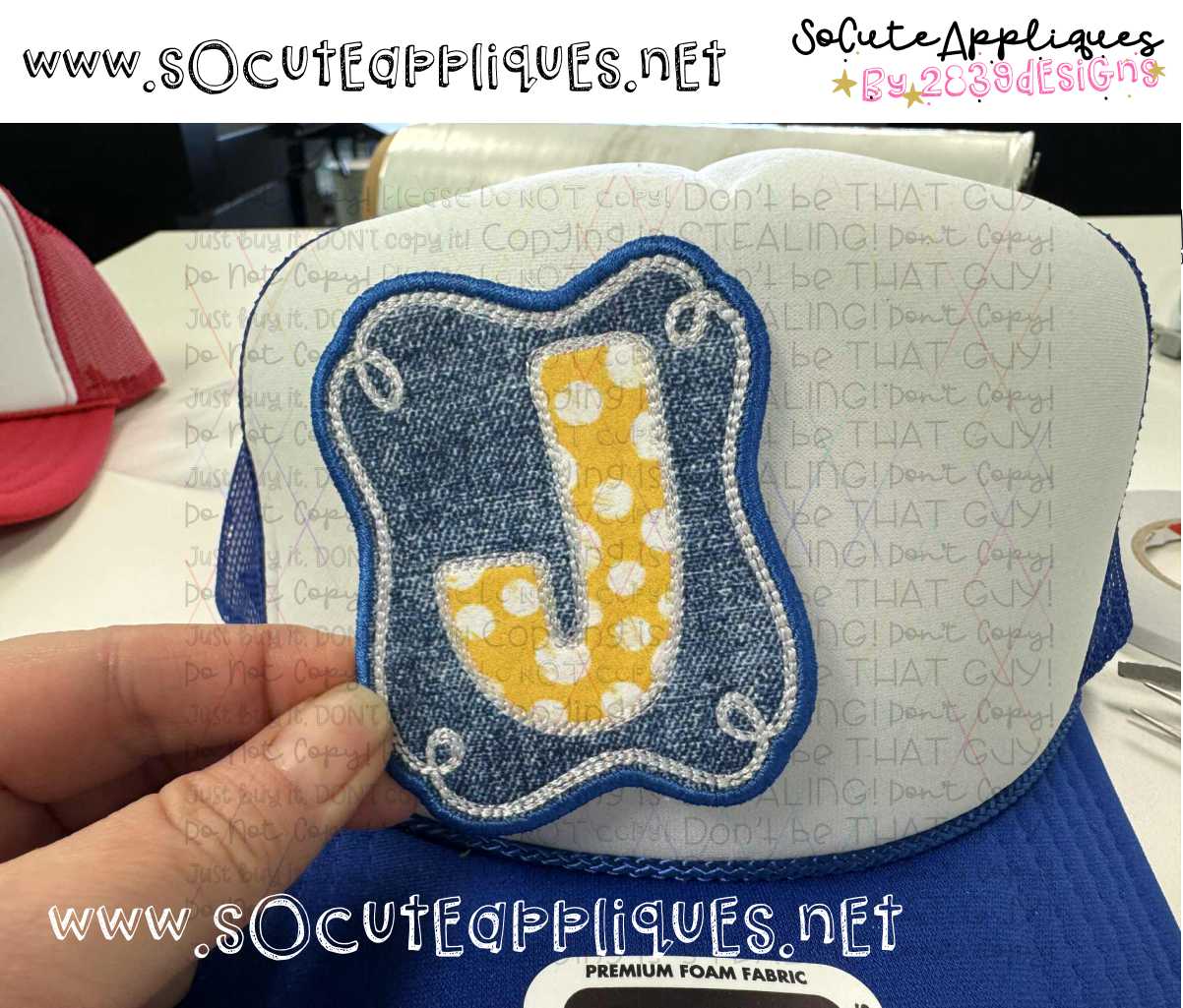 Polka dot Initial on denim frame *HAT PATCH* You pick letter & color - Image 4