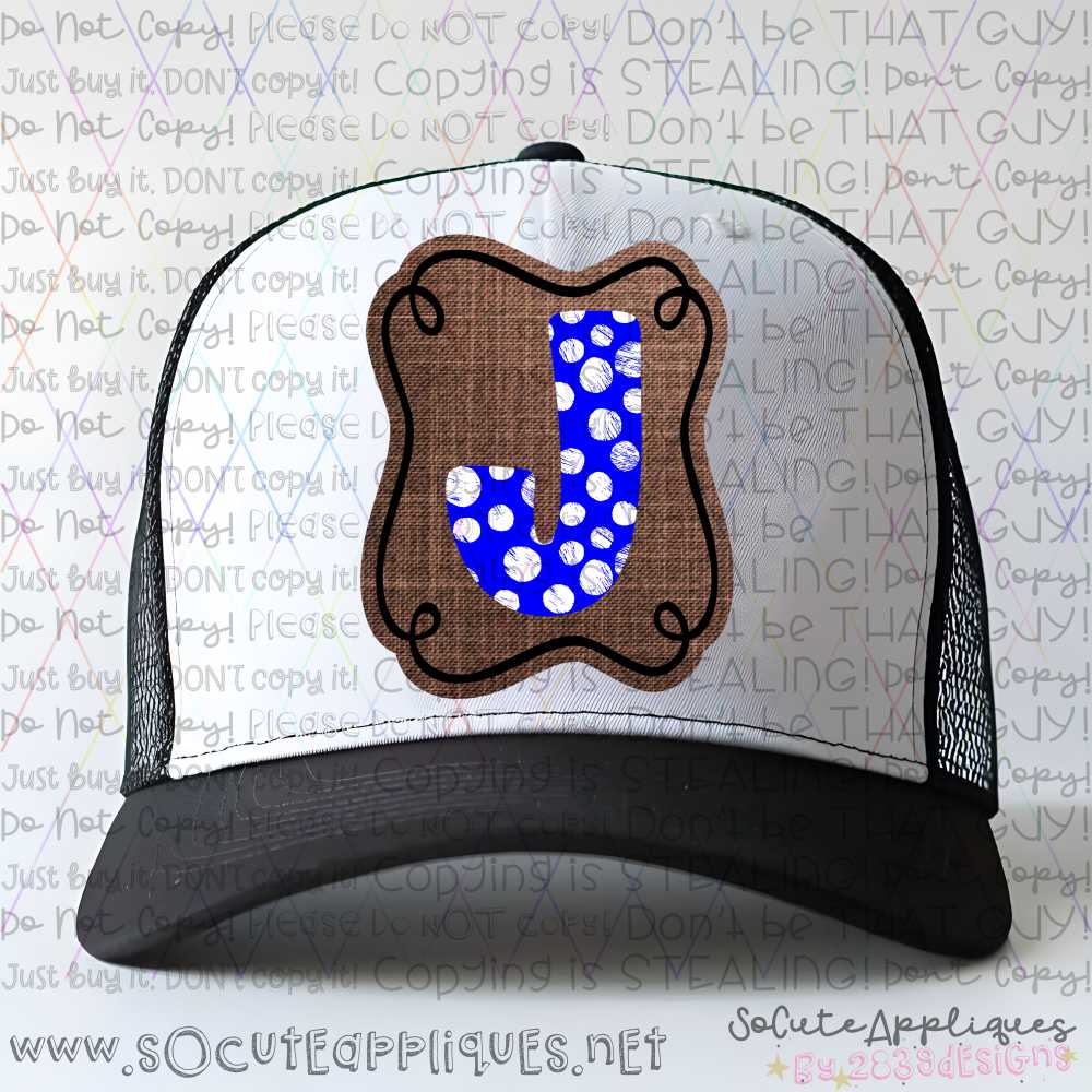 Polka dot Initial on BROWN linen (football) frame *HAT PATCH* You pick letter & color