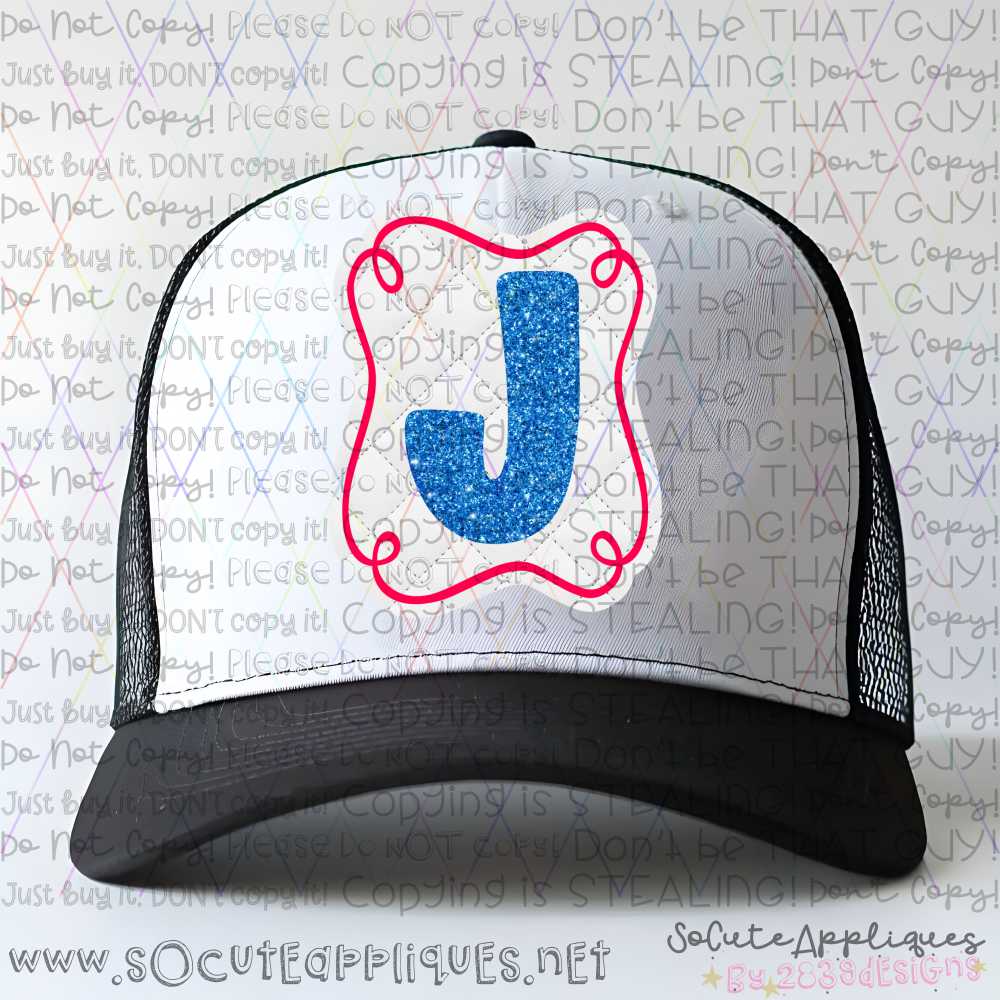 Glitter Initial on white quilted frame *HAT PATCH* You pick letter & color