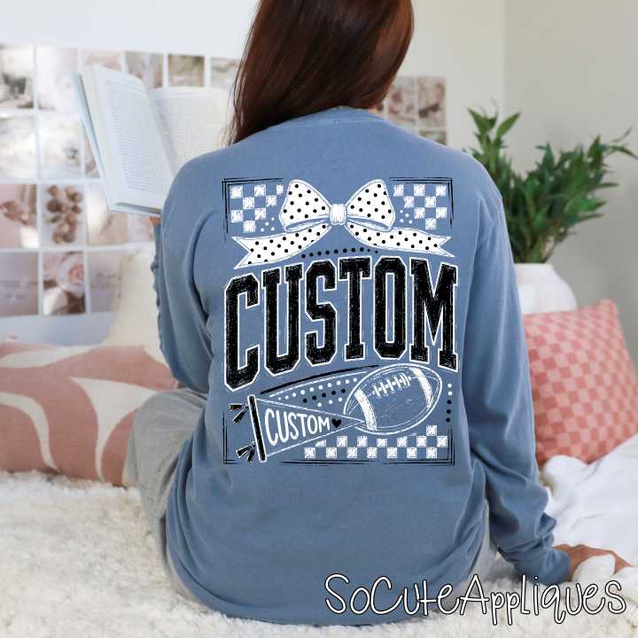 CUSTOM MASCOT on check with bow BLACK & WHITE *DTF* Transfer